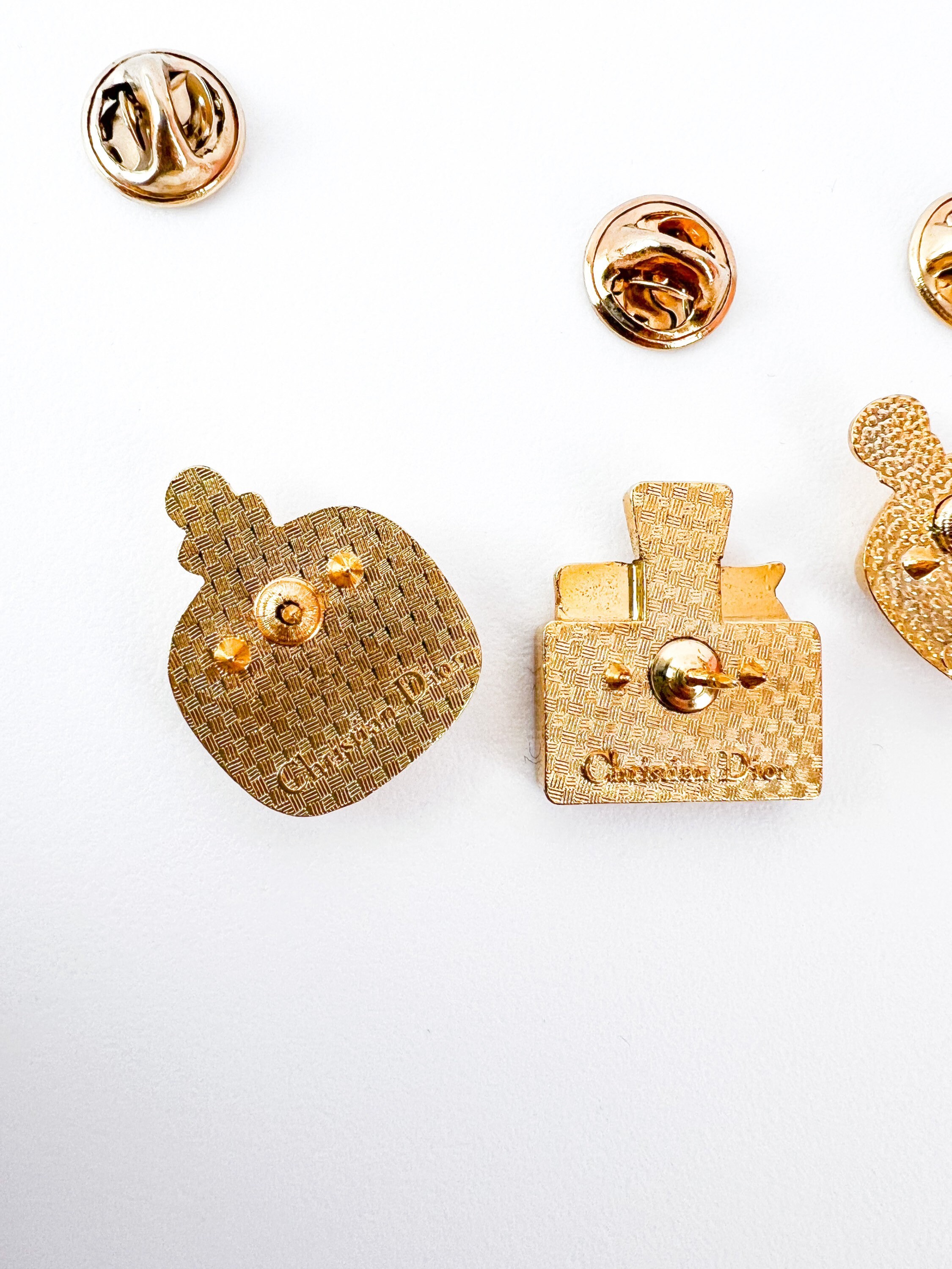 Vintage Christian Dior Brooch Pin Set: Gold Tone Perfume Bottles