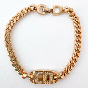 Vintage Christian Dior Gold Tone Chain Bracelet with Rhinestone CD Logo
