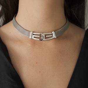 Vintage Givenchy Choker: 1977 Rhodium Plated Silver Mesh, GG Logo