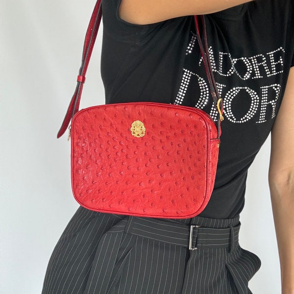 Celine Bag,  Made in France, Celine Ostrich Shoulder Bag, Crossbody Bag, Red  Leather Bag, Women's Leather Bag, Vintage Bags for Women