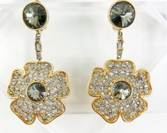 Vintage Valentino Flower Earrings: Gold Tone Rhinestone Dangle Clip-Ons