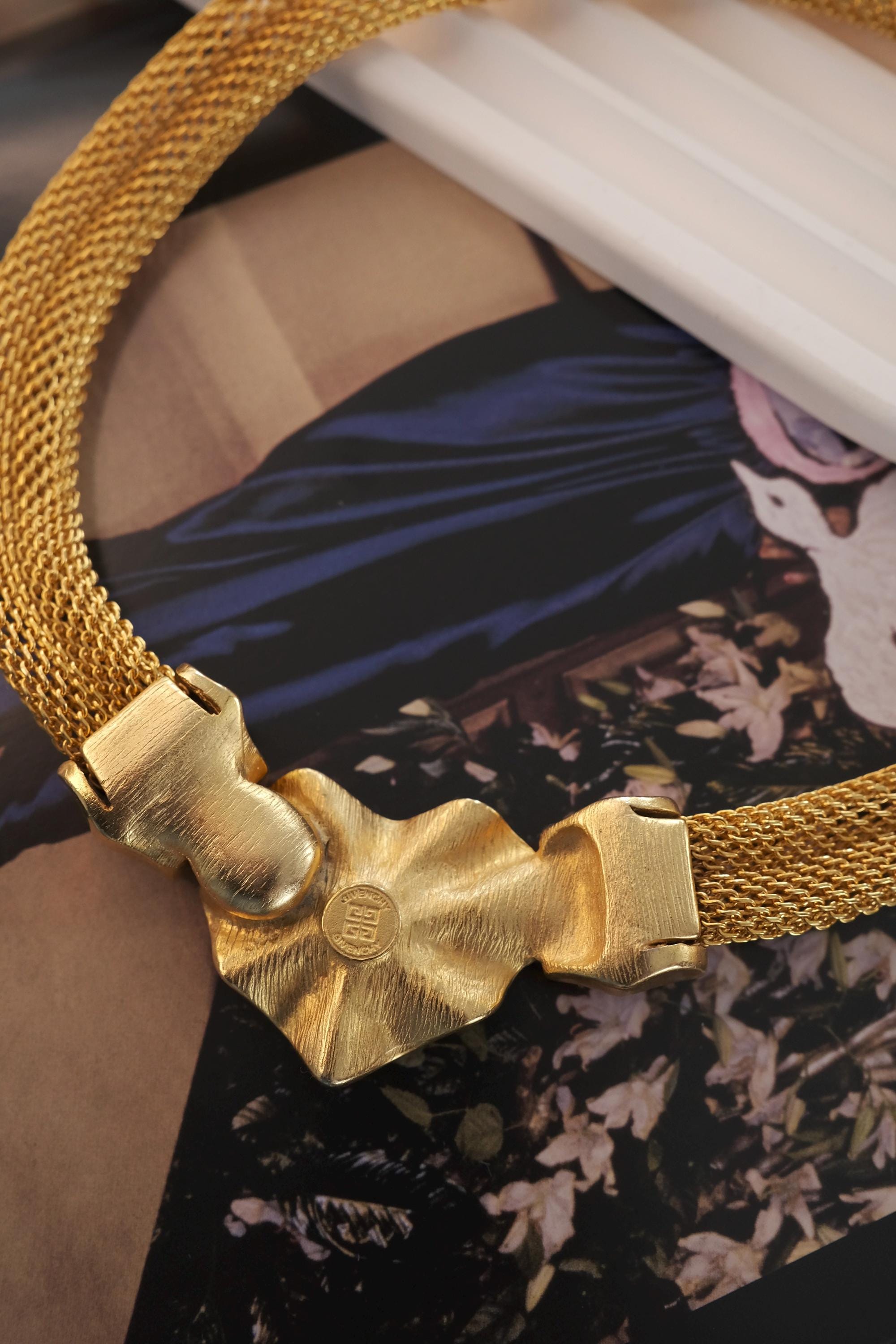 Vintage Givenchy Gold Mesh Choker, Crystal Heart Necklace, 80s 
