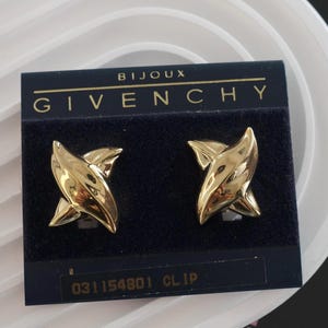 Vintage Givenchy earrings, gold-plated clip-on earrings, 1980s designer jewelry, sculptural statement earrings, Givenchy logo earrings