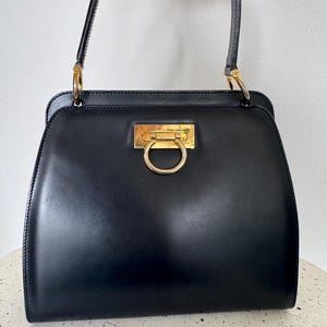 Vintage Celine Paris Top Henkel Tasche: Dunkel Marine Leder, Hergestellt in Italien