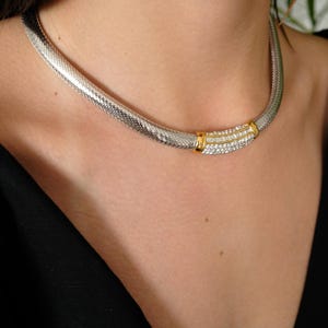 Vintage Christian Dior Choker: Silver Mesh, Gold & Crystal, 1980s Statement Necklace