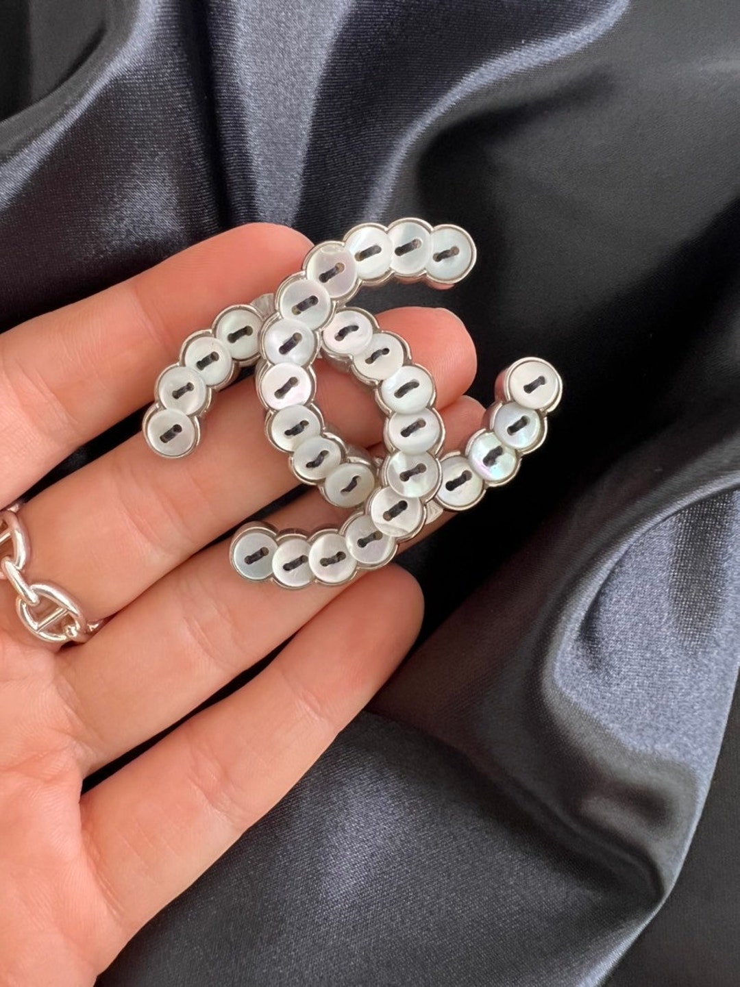 CHANEL Vintage Crystal Logo Brooch 