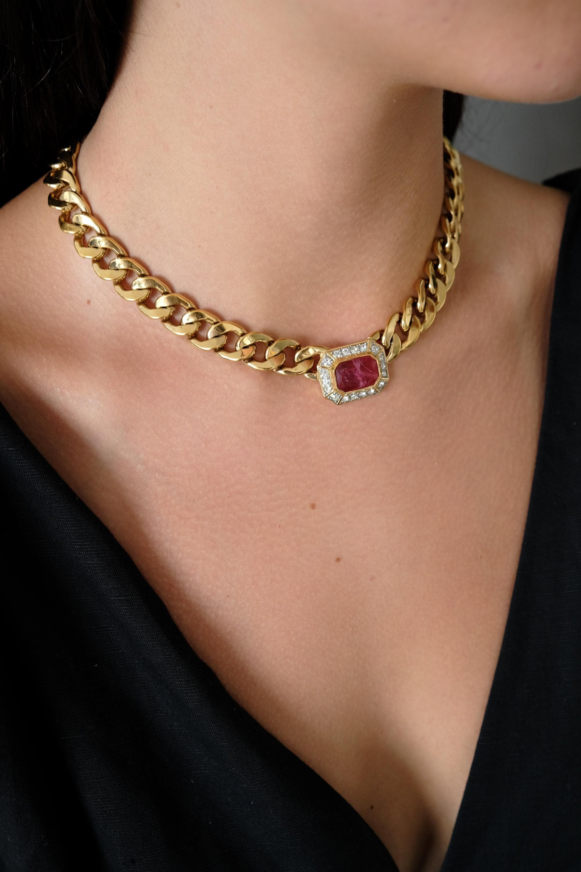 Vintage Vogue Bijoux Choker Necklace: Ruby Rhinestone, Gold Plated
