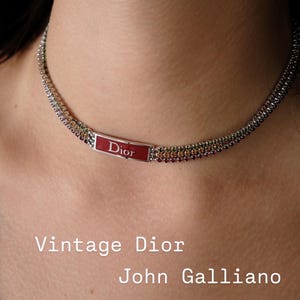 Vintage Dior by Galliano Rainbow Rhinestone Choker: Red Logo, Silver-Tone