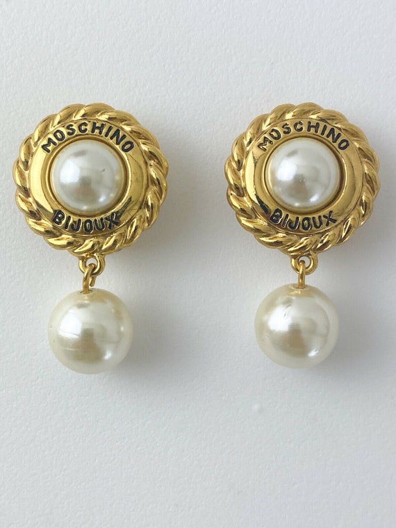 Vintage Moschino Earrings, Gold Tone Earrings, Dr… - image 1