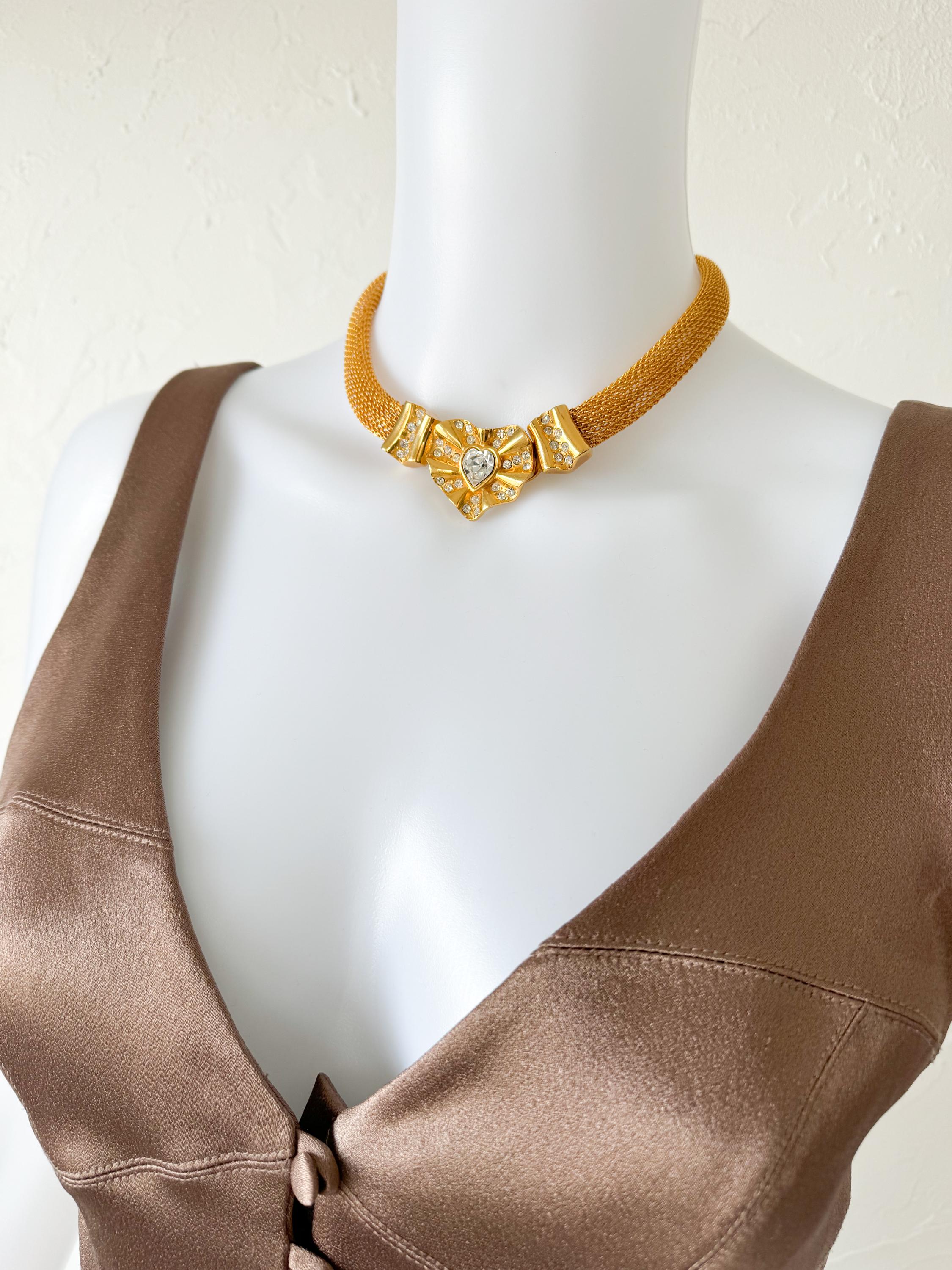 Vintage Givenchy Gold Mesh Choker, Crystal Heart Necklace, 80s 