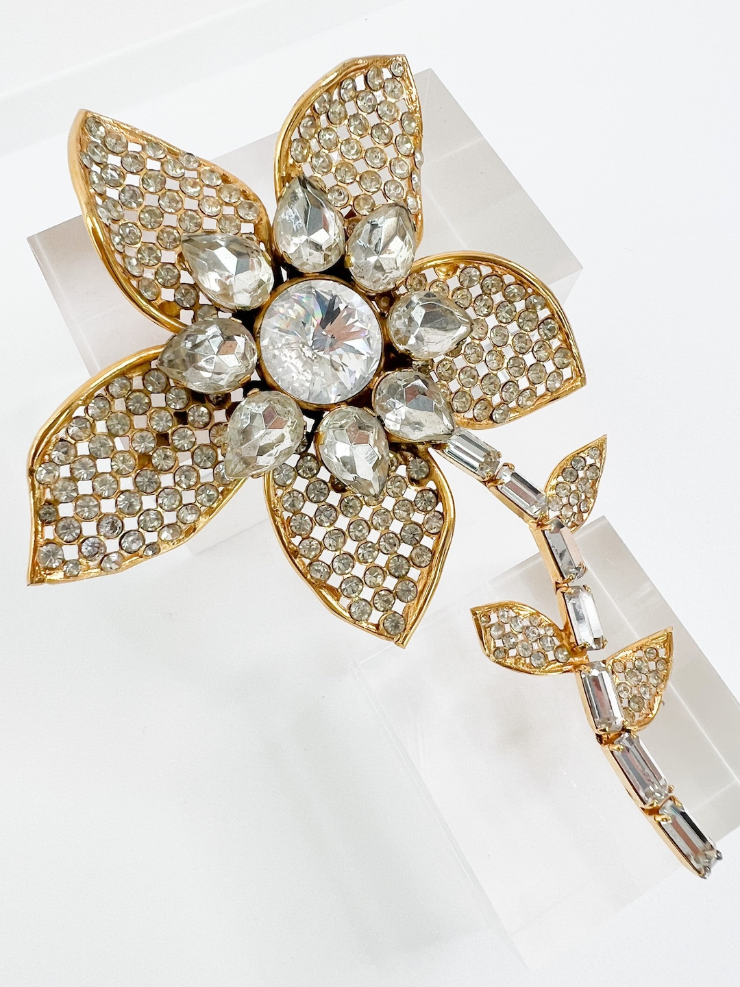 ♡ CELINE ♡ Vintage ♡ C broach ♡ Vintage Celine Flower Brooch Pin: Gold Tone Rhinestone, Made