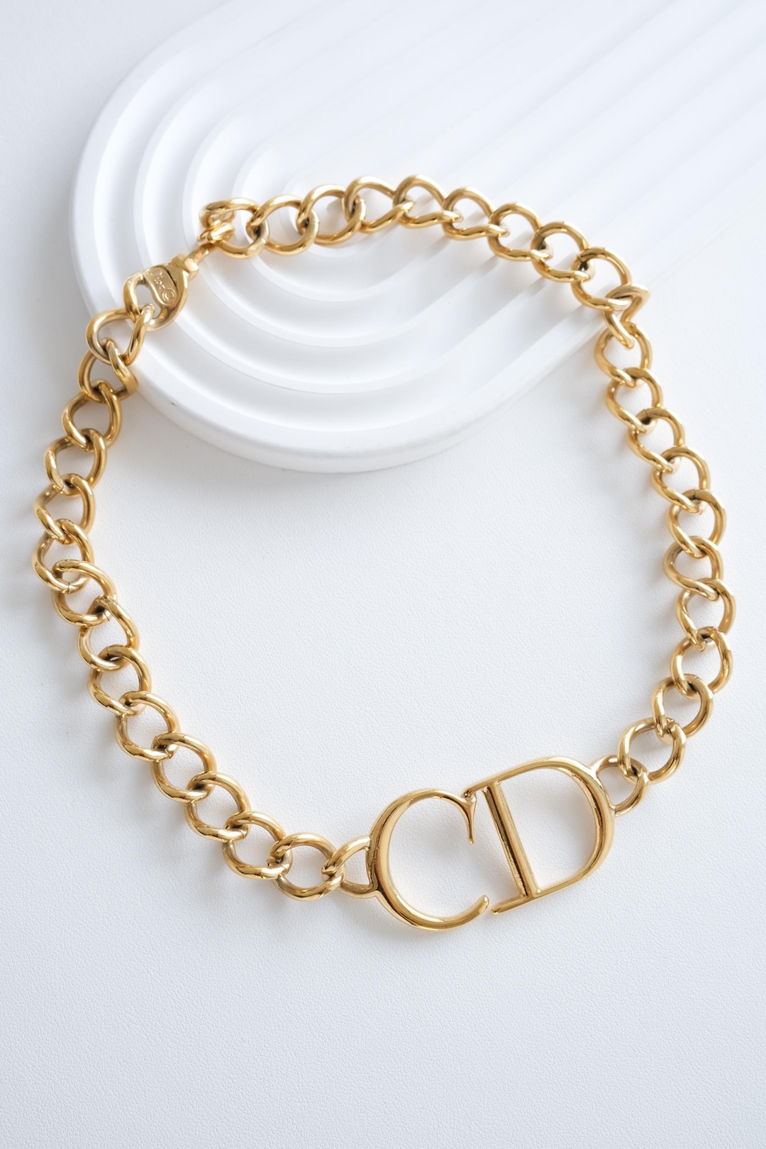 Vintage Christian Dior Gold Tone Chunky CD Choker Necklace Runway