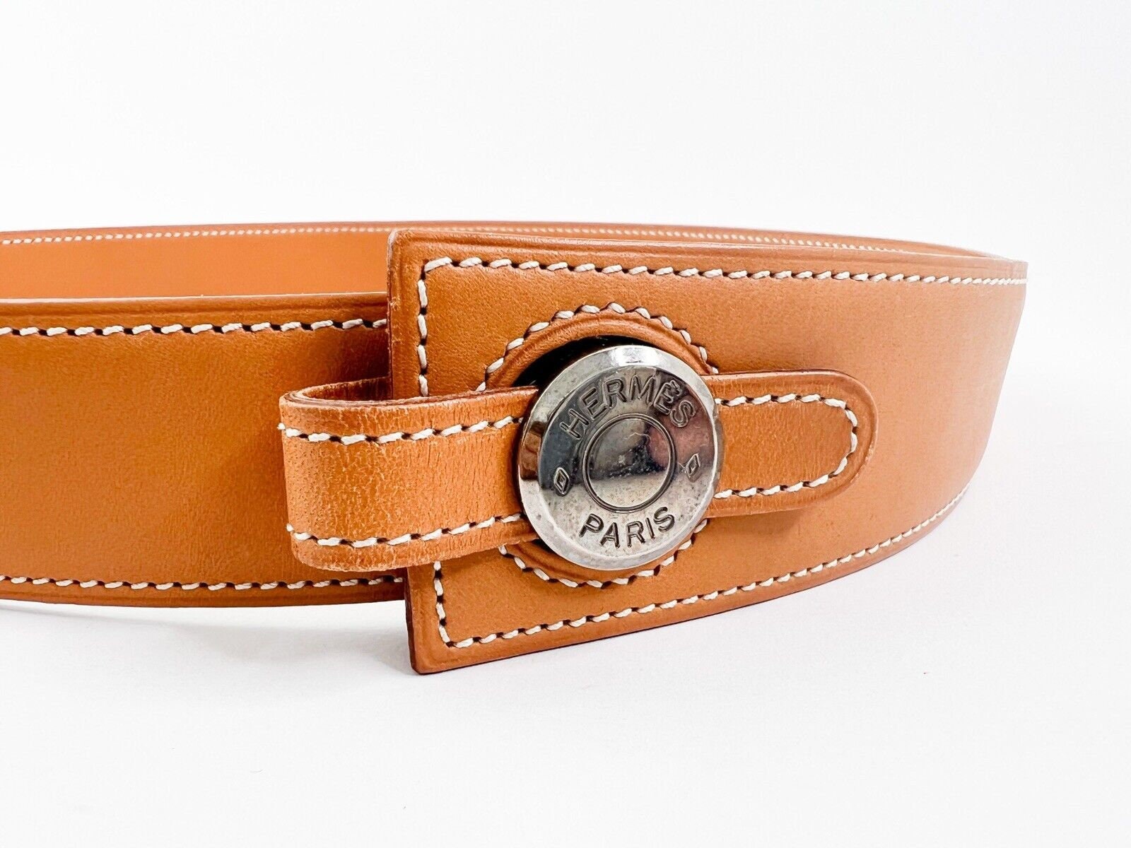Vintage Hermes Beige Leather Belt, Silver Tone Buckle, Made 