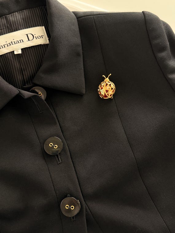 Vintage Christian Dior Ladybug Brooch, Gold Tone Rhinestone