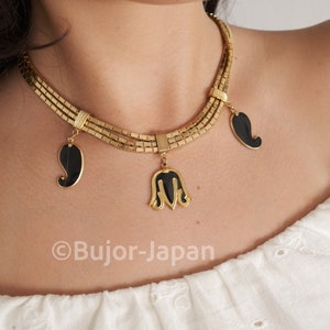 Vintage Balenciaga Necklace, Gold Tone Necklace, Vintage Charm Necklace, Choker Necklace, Black Enamel, Multi-Strand Necklace, Gift for her