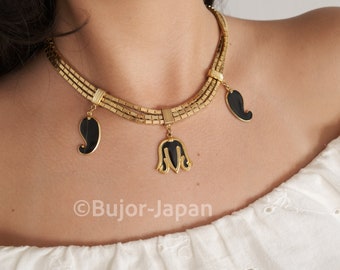 Vintage Balenciaga Charm Necklace: Gold Tone, Black Enamel, Multi-Strand