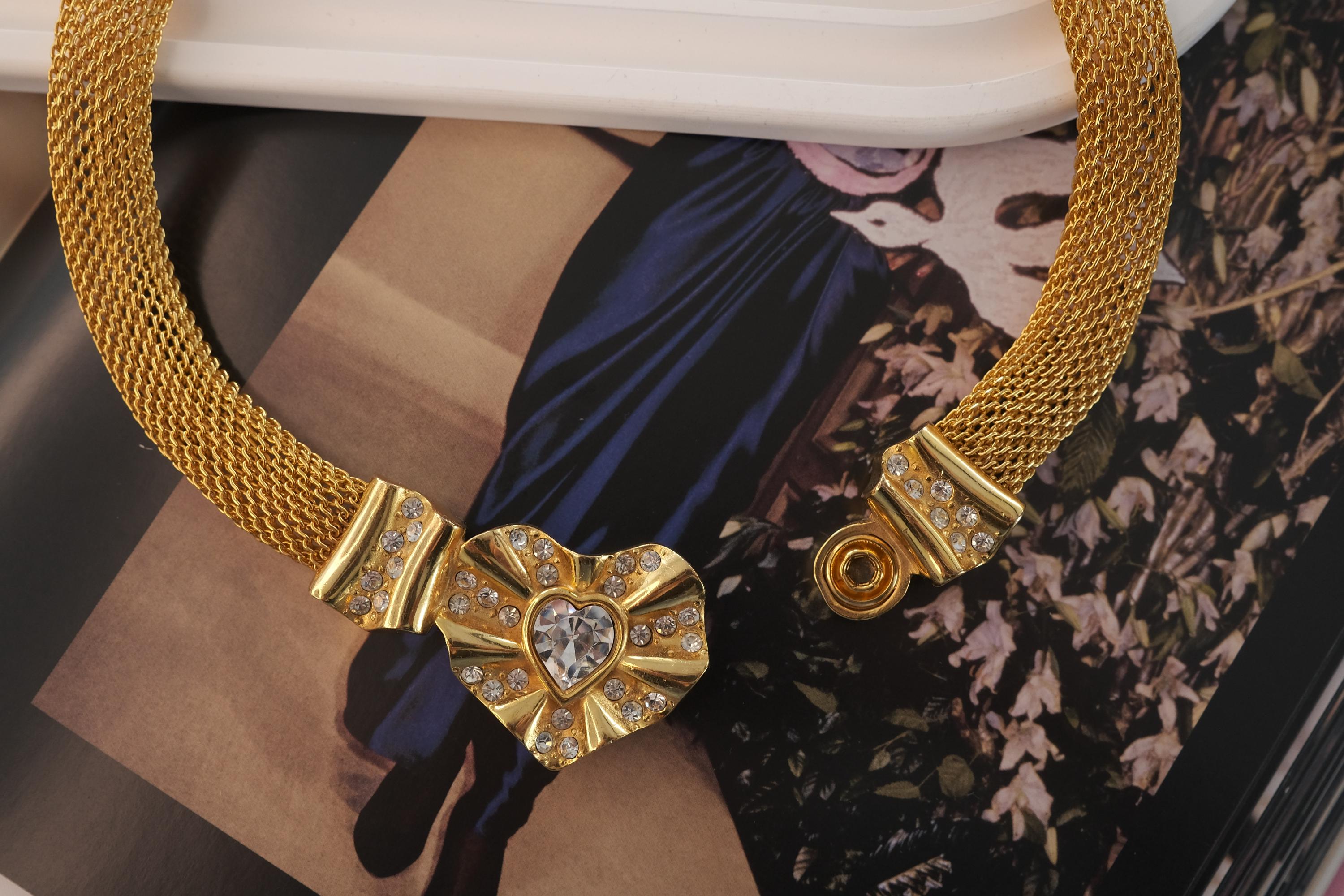Vintage Givenchy Gold Mesh Choker, Crystal Heart Necklace, 80s 