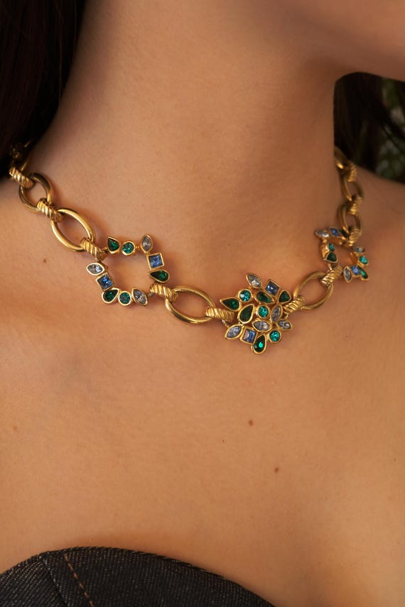 Vintage YSL Gold Tone Rhinestone Floral Necklace - Etsy