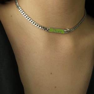Vintage Christian Dior Choker: Silver CD Logo Necklace, Green Enamel, 14&quot;