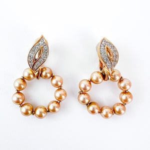 Vintage Nina Ricci Pearl Hoop Earrings: Gold Tone Rhinestone Dangle