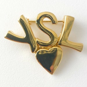 Vintage YSL Brosche, YSL Logo Brosche, Yves Saint Laurent Herz Brosche, goldfarbene Brosche, Broschen für Frauen, Vintage Schmuck
