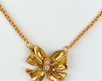 Vintage YSL Necklace, Yves Saint Laurent Ribbon Necklace Bow , YSL Pendant Necklace  Vintage Rhinestone, Gold Tone Necklace, Gift  for her