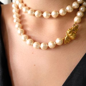 Vintage Givenchy Pearl Necklace: Gold Bee Clasp, 80s Designer Jewelry