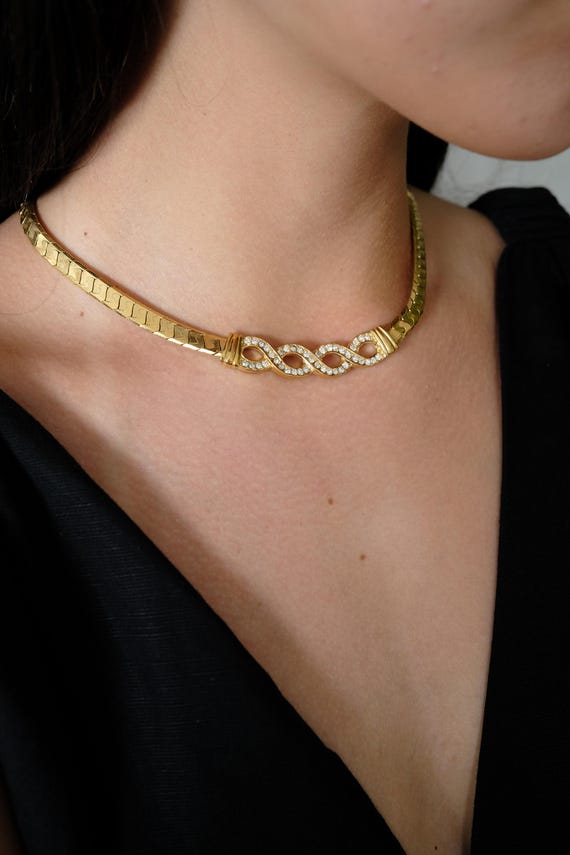 Vintage Givenchy Choker: Gold-plated Rhinestone Infinity Necklace 