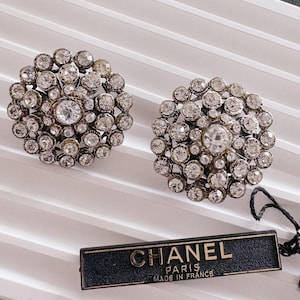 Vintage Chanel earrings, 1995 Chanel jewelry, Chanel crystal earrings, made in France, couture statement earrings, vintage Chanel clip-on