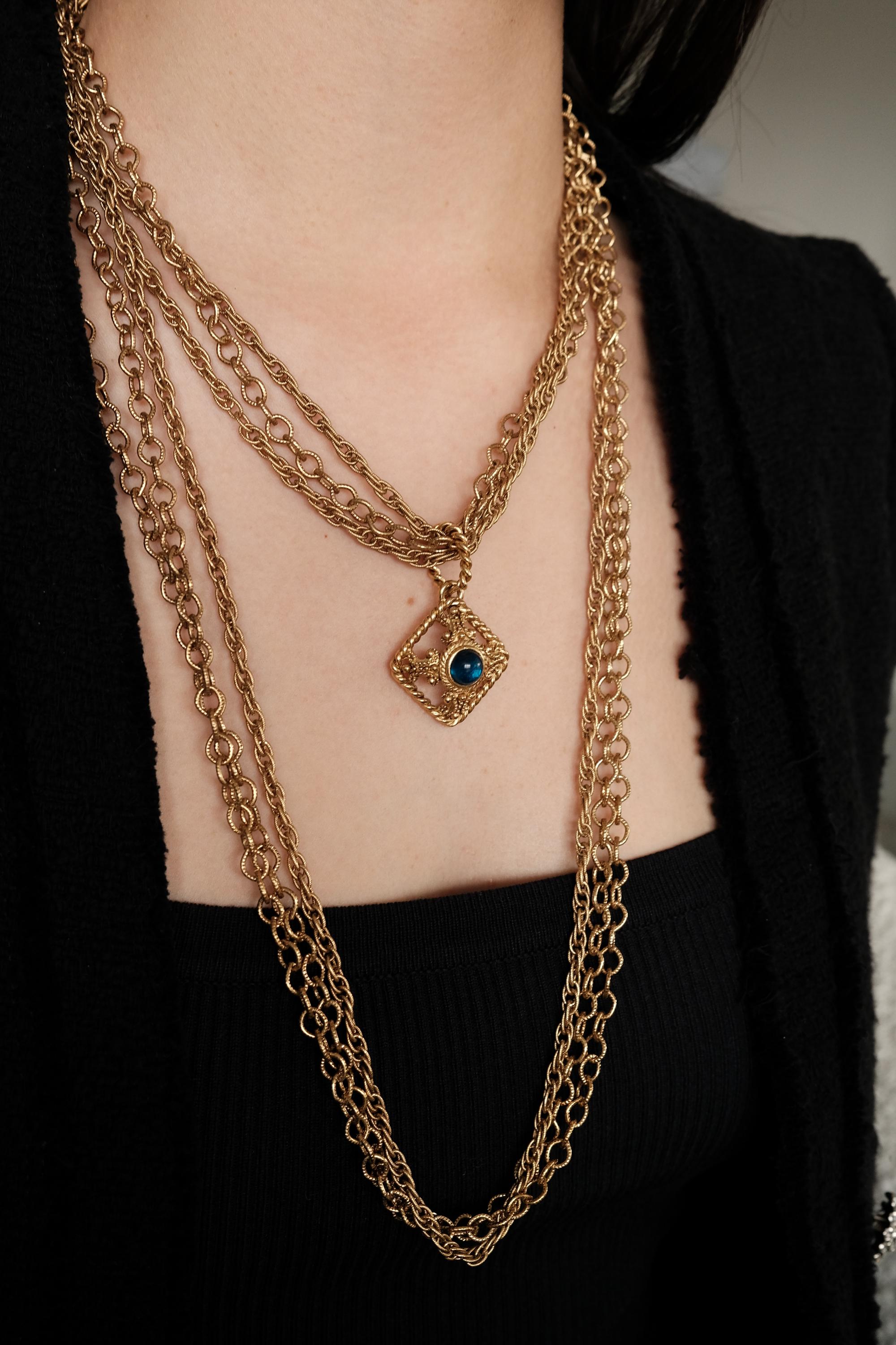 Vintage Givenchy Gold Tone Multi-strand Necklace With Blue