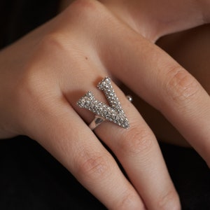 Large Cursive Initial Letter Ring with Beaded  Diamond crystals, women ring , letter ring, stack ring, 925 ring, gold letter ring