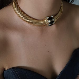 Vintage Christian Dior Choker Necklace, Gold Tone Black Crystal Gaspipe Collar
