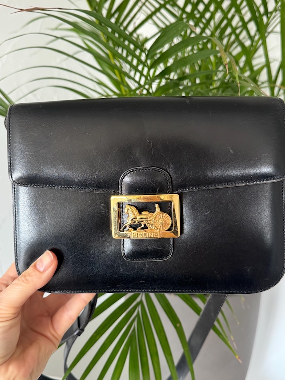 Vintage Celine Black Leather Box Bag, Horse Carriage Gold Hardware