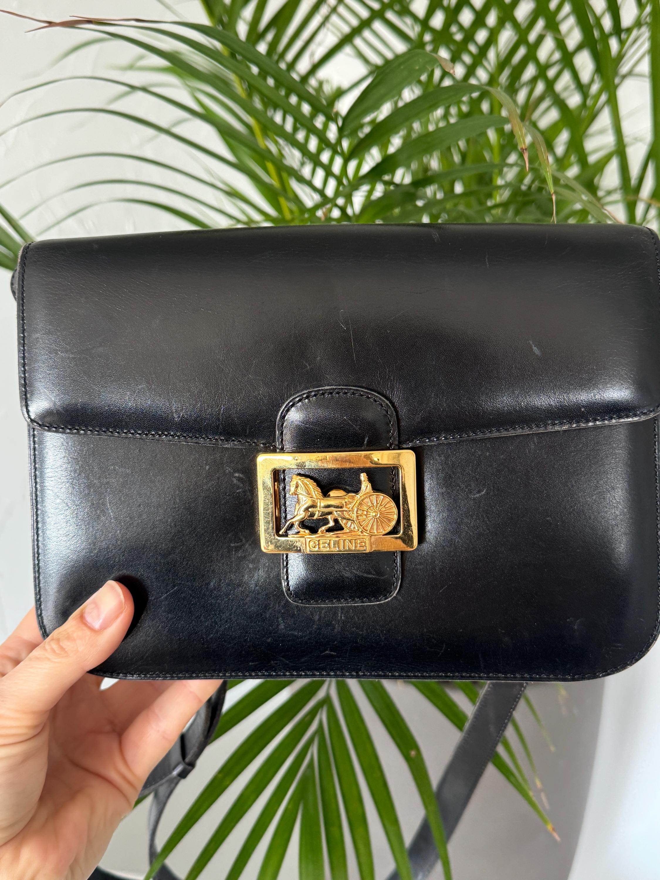Vintage Celine Black Leather Box Bag, Horse Carriage Gold Hardware