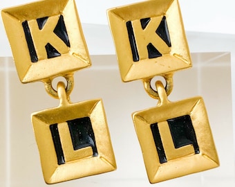Vintage Karl Lagerfeld Earrings: Gold Tone KL Logo Dangle Earrings