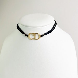 Vintage Christian Dior Necklace, Choker Necklace Gold, Charm Necklace, Dior bracelet, Vintage Necklace, Gift for her, Black Rope CD logo