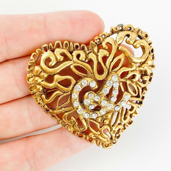 Vintage Christian Lacroix Brooch Pin, Made in France, Brooch Large, Brooch Gold, Vintage Brooch, Brooches for Women, Heart Logo Lacroix