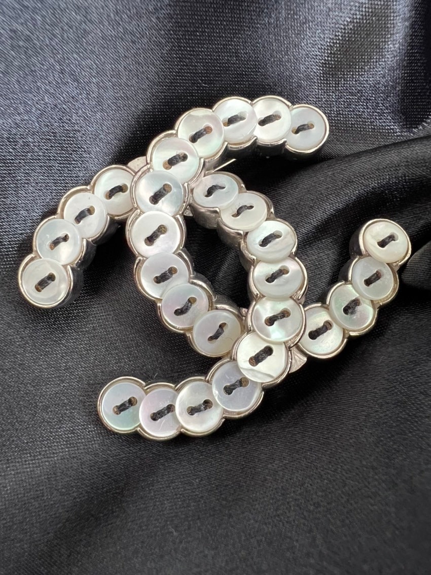 Vintage Chanel Brooch, Mother of Pearl CC Logo, Made in France