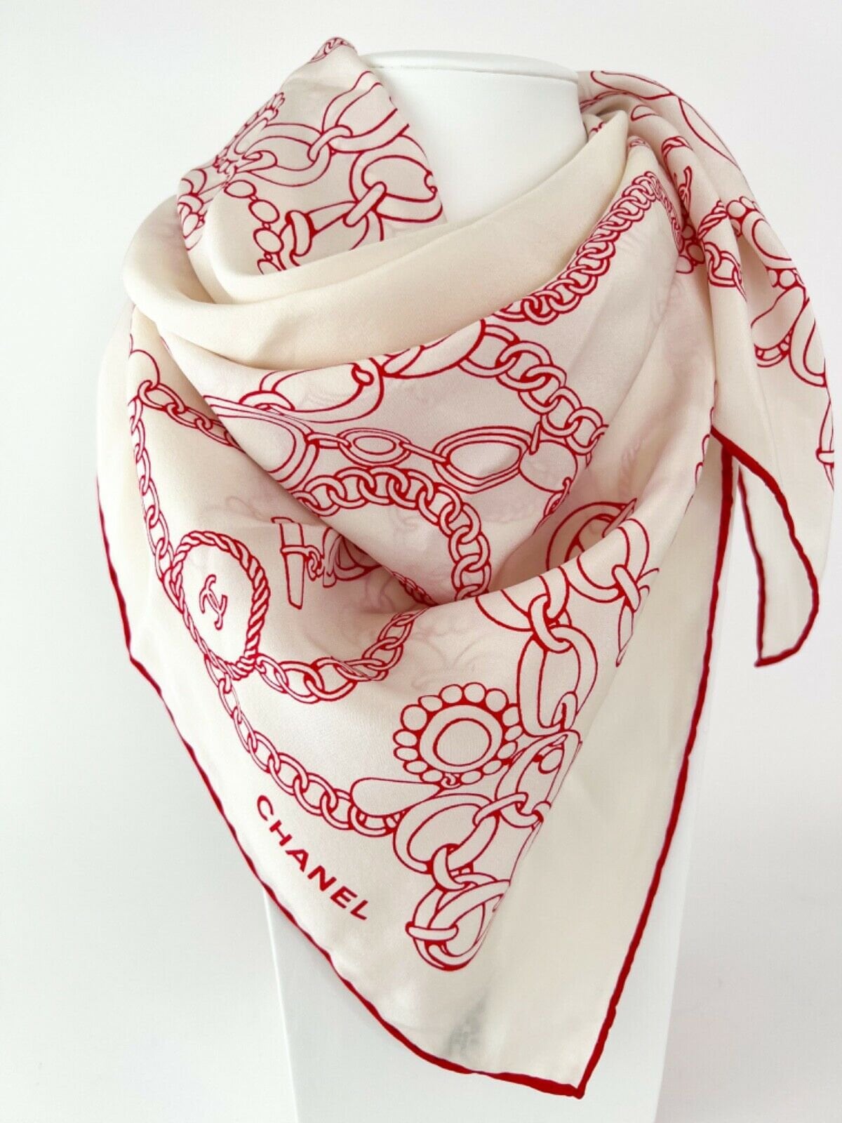 Chanel Stone Motif Silk Beige Scarf