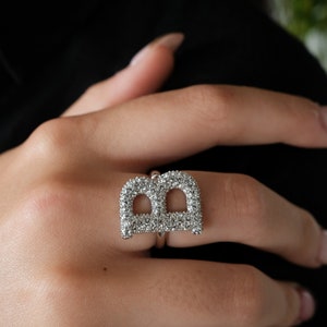 Anillo de letra de plata 925, anillo con inicial enorme, anillo con inicial grande, anillo con nombre, anillo ajustable, anillo con nombre personalizado, anillo con inicial de diamante