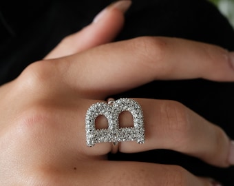 925 Silber Initialring: Swarovski Kristall Buchstabenring, Verstellbar