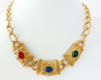 Vintage Avon Gold Tone Charm Necklace: Multicolor Cabochons