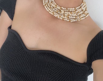 Vintage Christian Dior Pearl Choker Necklace: Gold Tone Multi-Strand Beaded Design