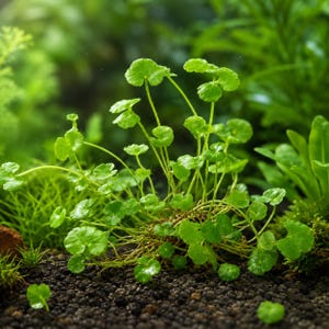 May include: A Hydrocotyle tripartita aquatic plant featuring numerous small, bright green, lobed leaves on thin, delicate stems. The plant grows in a dense, spreading cluster with visible roots anchored in dark, granular aquarium substrate.