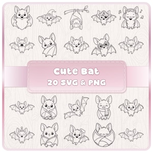 May include: A collection of twenty black and white line art illustrations featuring cartoon bats in various poses and accessories, including a bat with a heart, a pirate bat, and a bat with headphones. The text reads Cute Bat 20 SVG & PNG.