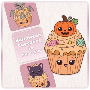 以下が含まれることがあります： かわいい顔が描かれたハロウィンのカップケーキのデジタルグラフィックセット。カップケーキには、ジャック・オー・ランタン、ガーゴイル、黒猫がそれぞれトッピングされています。テキストには「Halloween Cupcakes 30 PNG / SVG」と書かれています。
