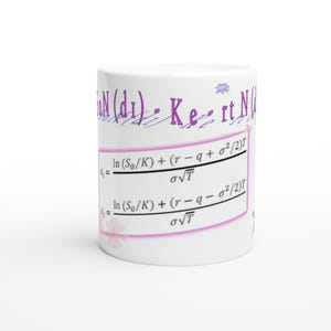 May include: White ceramic coffee mug featuring mathematical formulas in purple and blue. The mug has a floral design and is suitable for hot or cold beverages. A great gift for math enthusiasts.