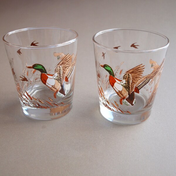 Pair of Mallard duck Libbey glasses vintage barware Libbey tumbler glasses midcentury glasses Mad Men vintage table fall colors gift for him