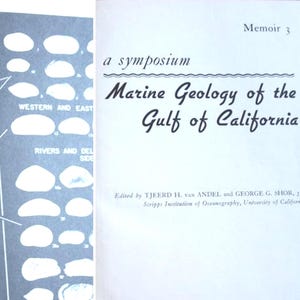 May include: A book titled "Marine Geology of the Gulf of California" with a map and diagrams. The left page features a map of the Gulf of California with labeled locations. The right page displays the title and author information.