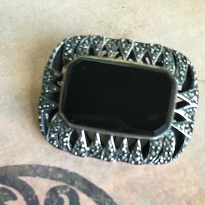 Onyx marcasite & sterling silver brooch  rectangular vintage dress pin black and silver jewelry - gift for her Art Deco style